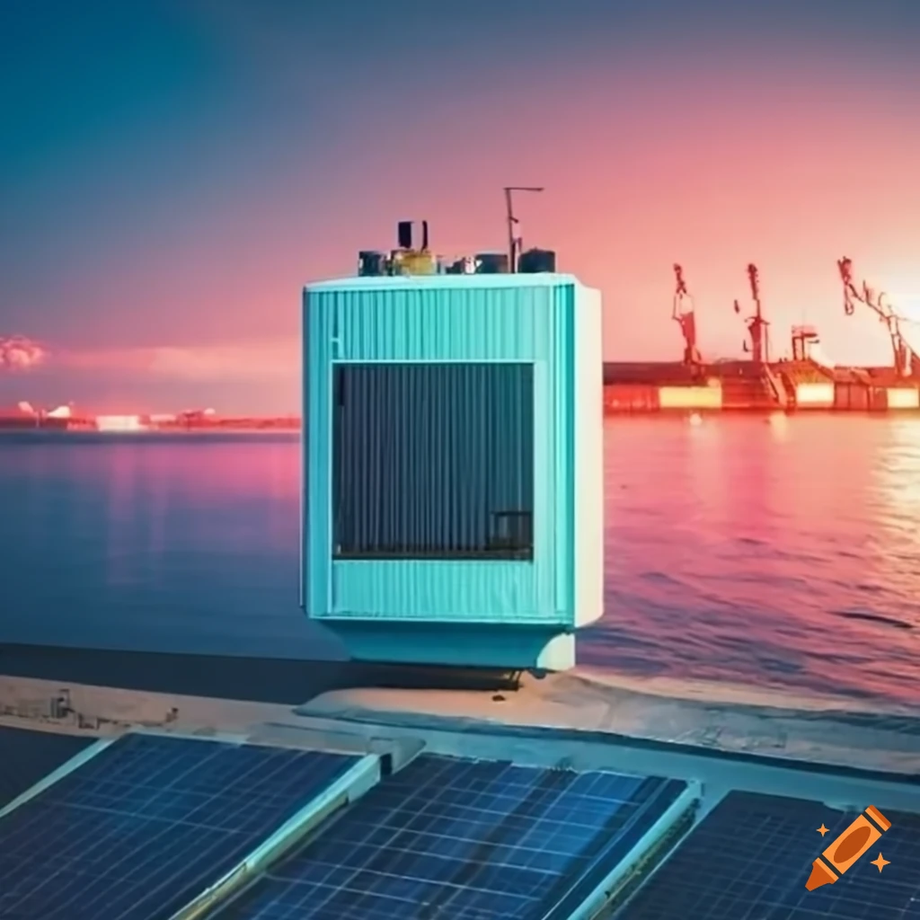 Solar panel and solar inverter in front of container open in the port ...