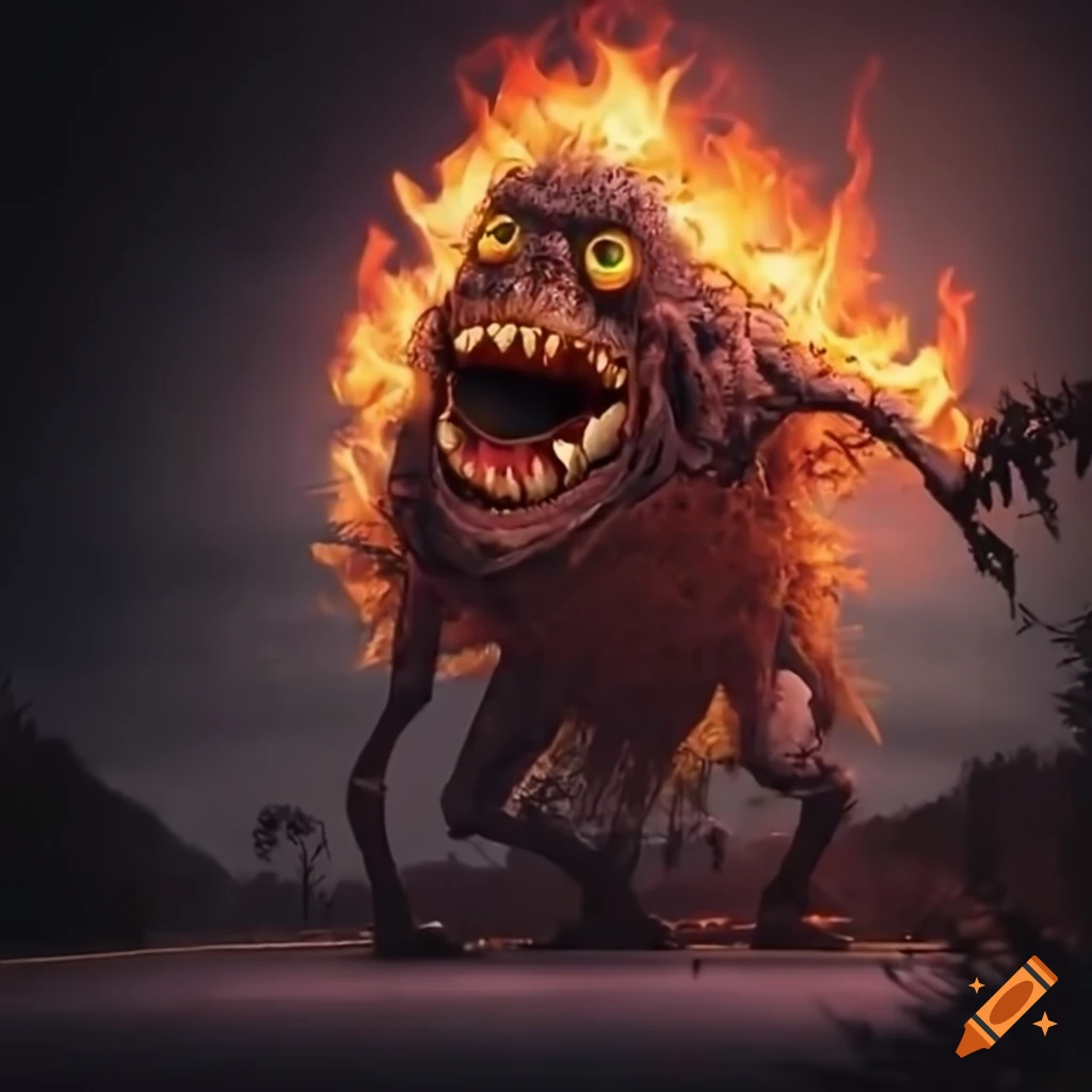 A smiling monster with huge eyes and teeth wreathed in flames walking on an  endless road in a stunning 8k quality