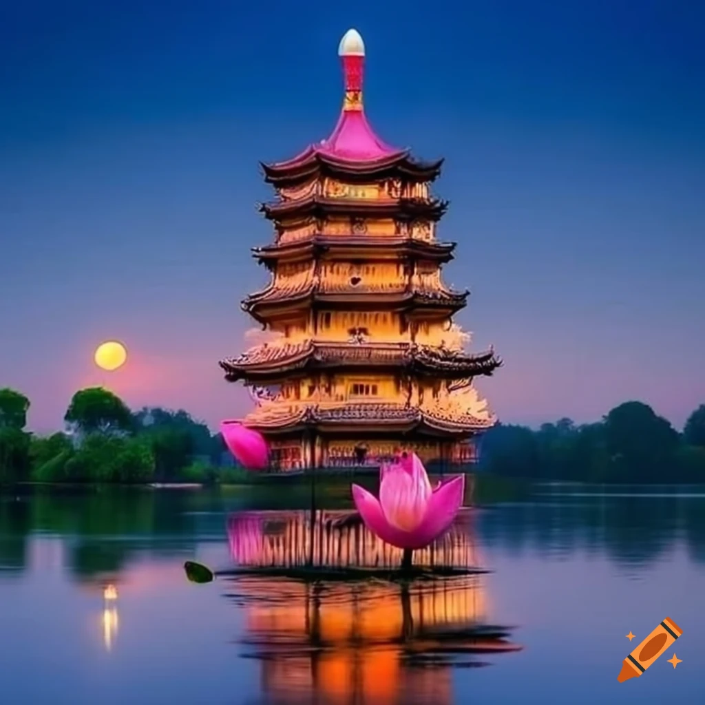 Moonlit lotus pagoda a beautiful pagoda surrounded by shimmering ponds