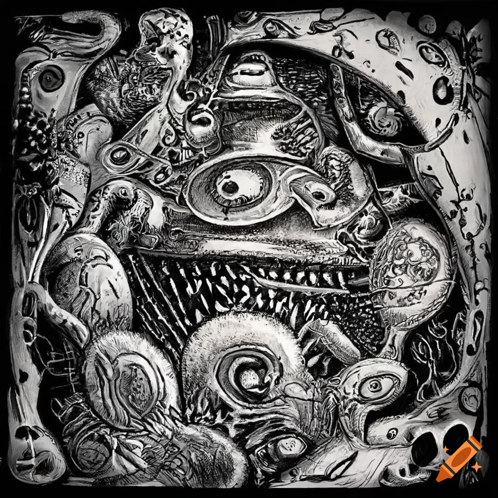 Joe Fenton drawing decor scene black and white microcosme many creatures surrealist aliens objects musical ufo king robots