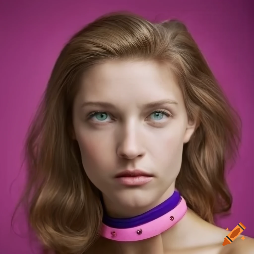 Frontfacingportrait woman wavyhair wearing a highpinkcollar