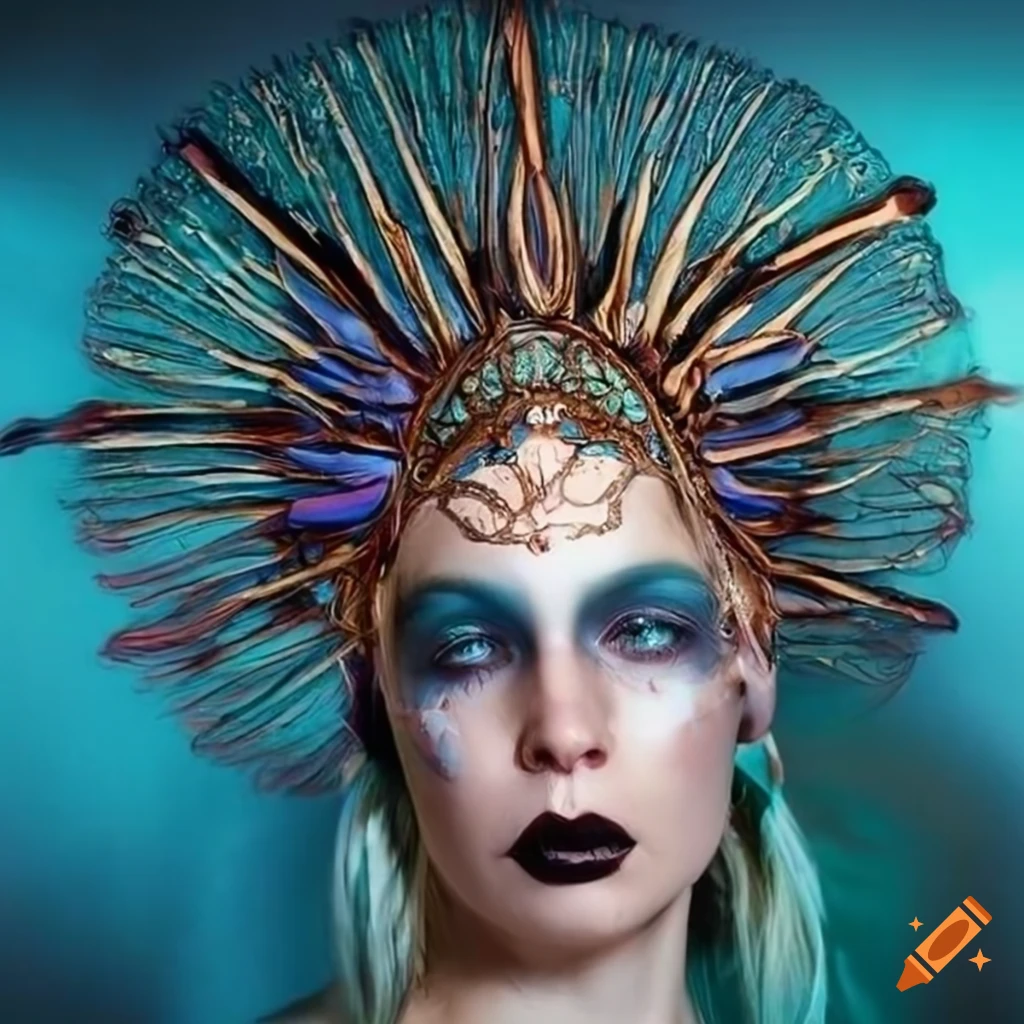 Headdress for water goddess in style of alex grey