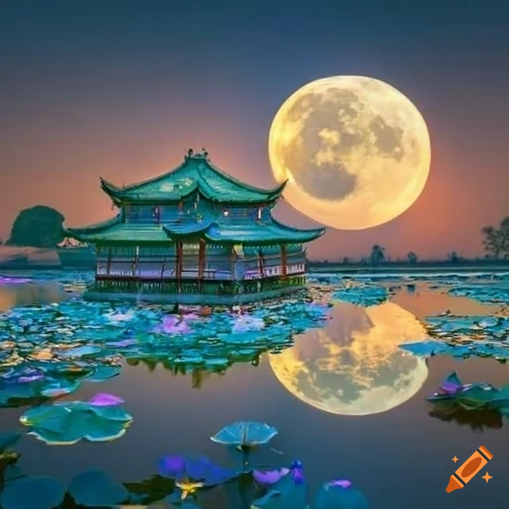 Moonlit lotus pagoda a beautiful pagoda surrounded by shimmering ponds