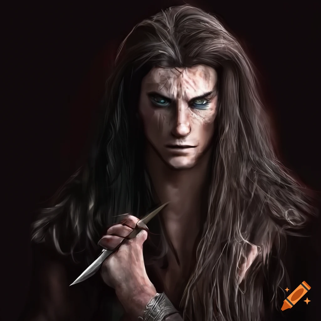Long hair male warrior without an eye pointing with a sword on a 80´s ...
