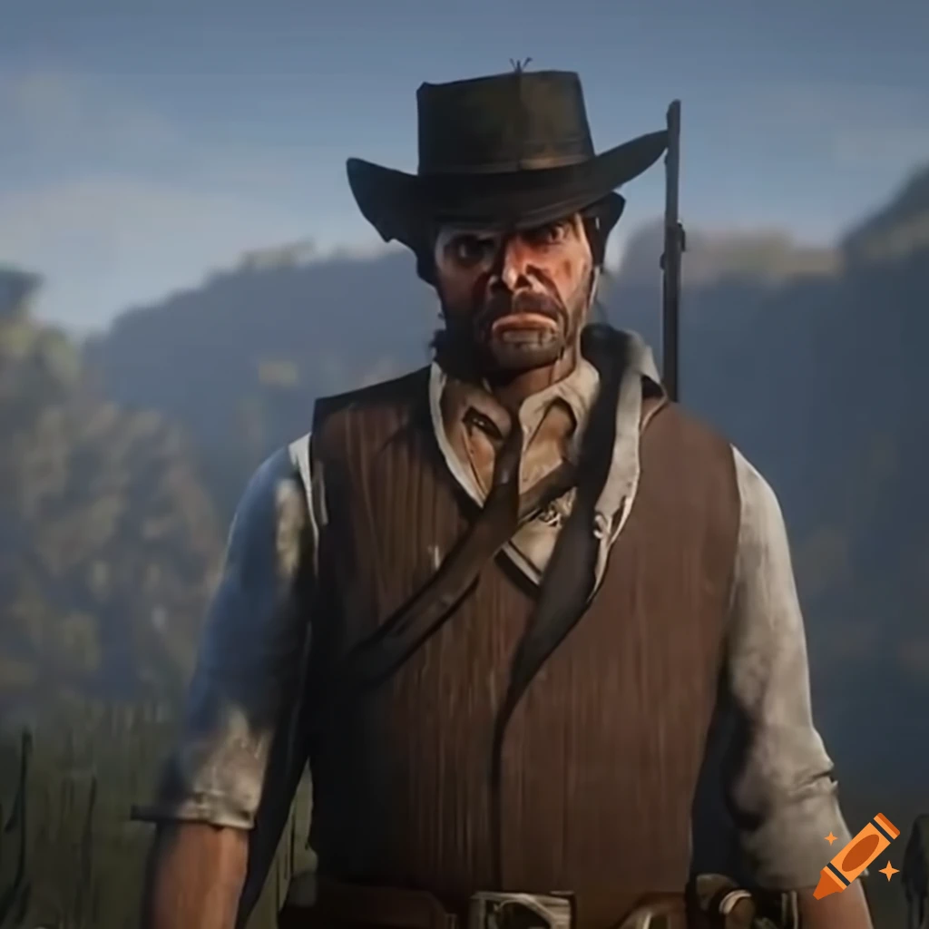 Arthur morgan from red dead redemption 2 standing next to a pickup truck