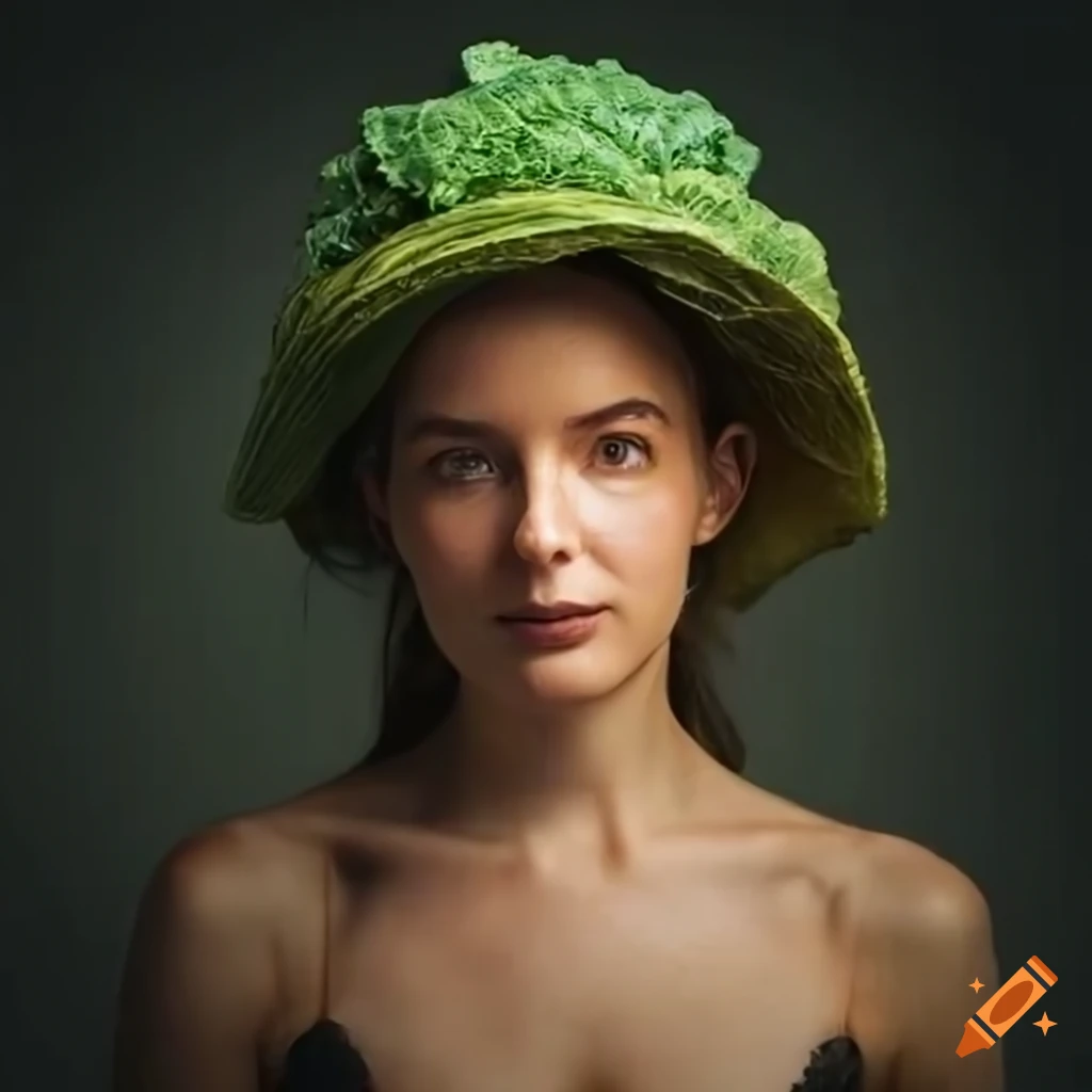Front-facing-portrait woman-age-25 wears small-cabbage-hat on Craiyon