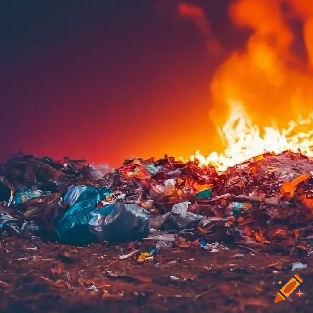 Garbage dump on fire, red and orange fire background, at night. depth