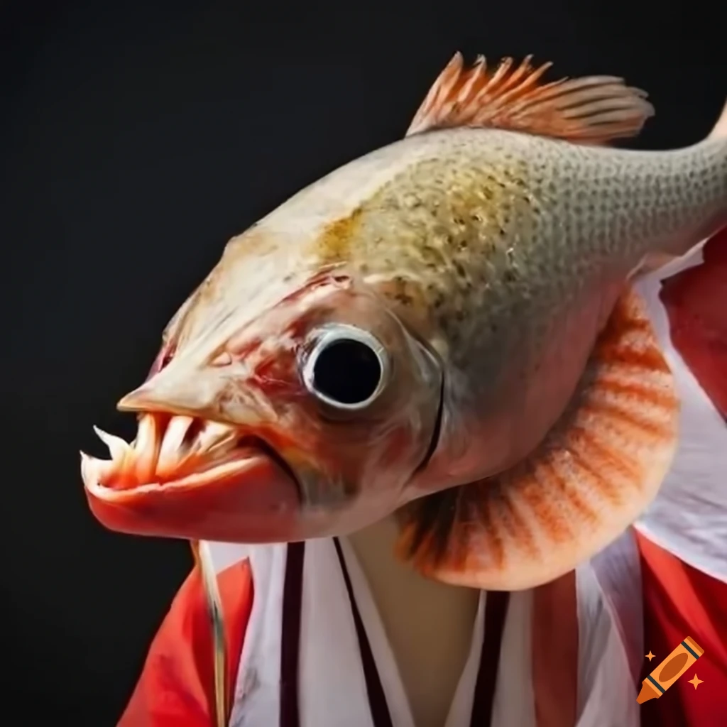 A vibrant bipedal fish wearing a traditional han robe, fish head on Craiyon