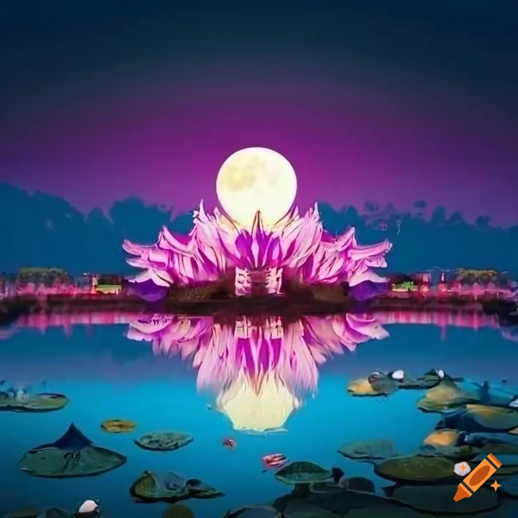 Moonlit lotus pagoda a beautiful pagoda surrounded by shimmering ponds