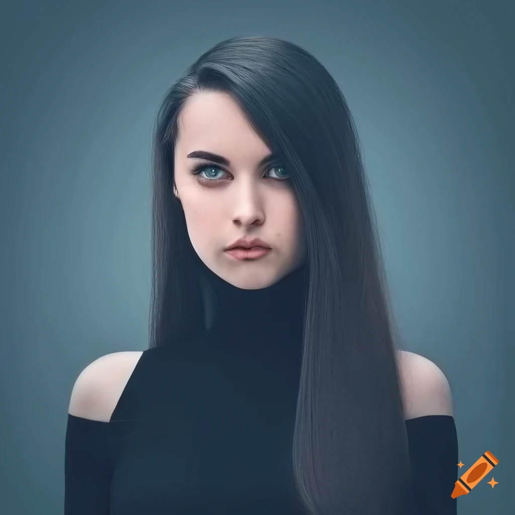 Photo portrait an young serious pale woman with long black hair hair ...