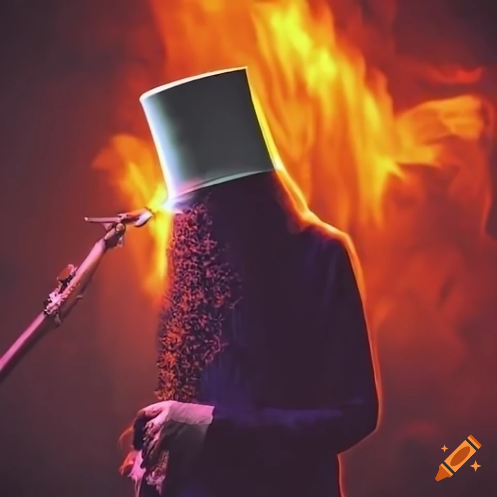 A fiery and intense image of buckethead in stunning 8k quality