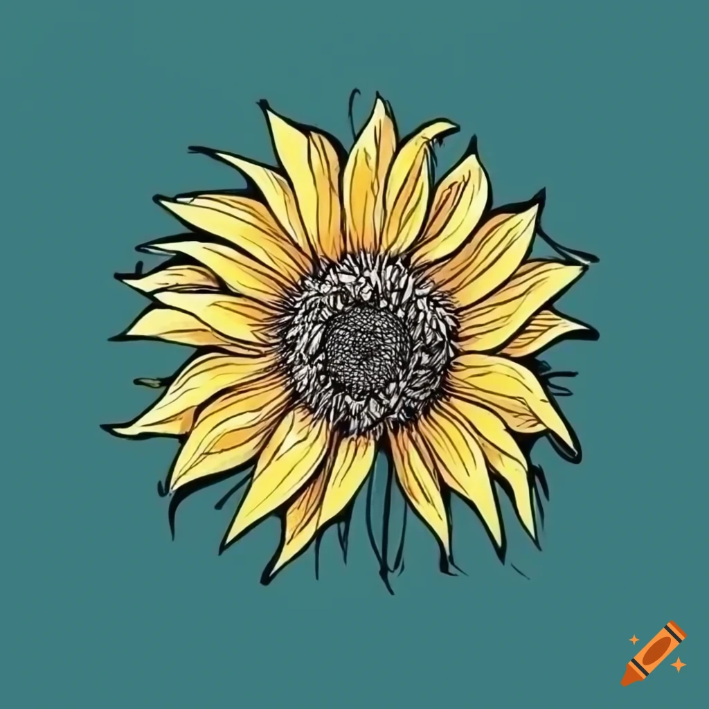 Simple cartoon sunflower, ink drawing, monochrome