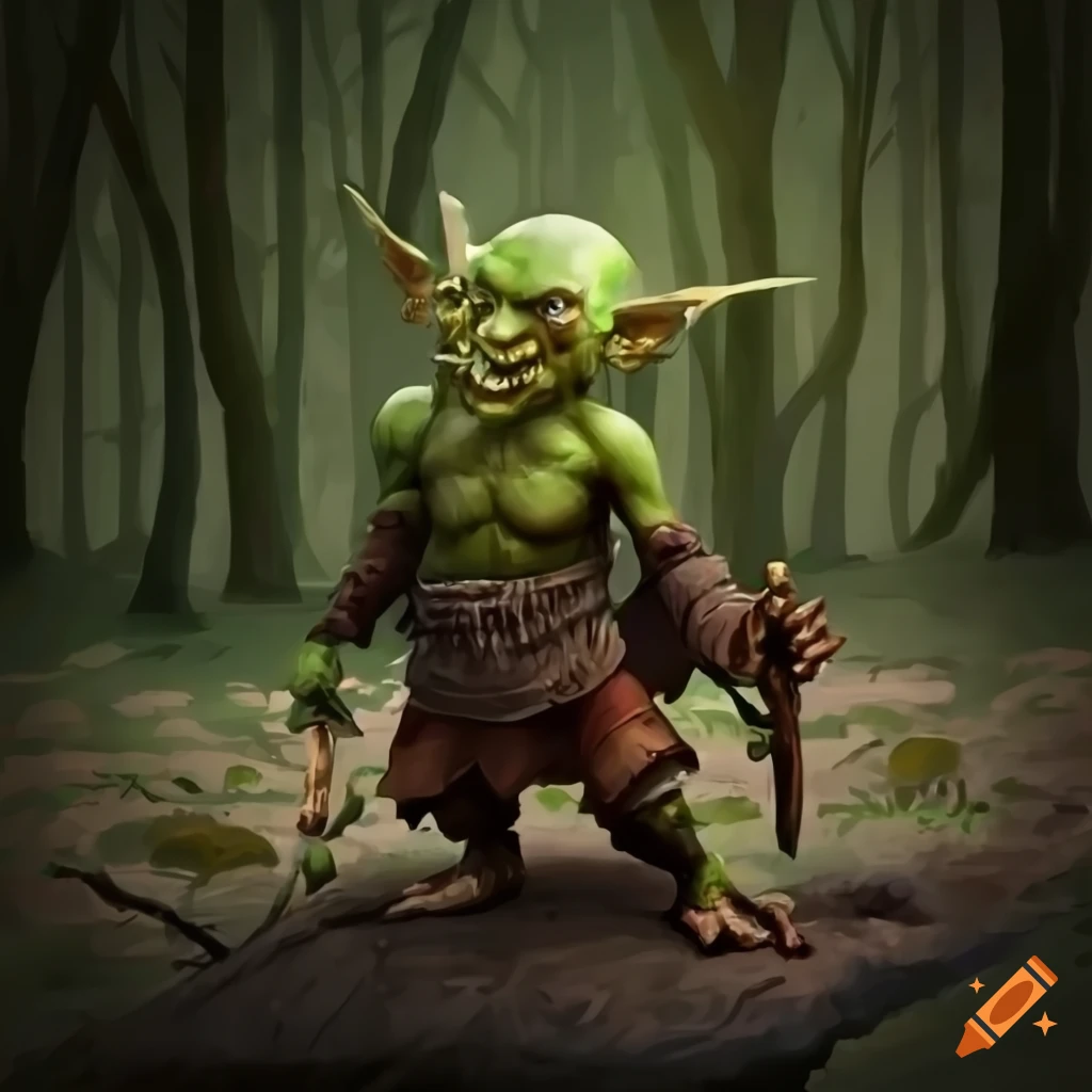 Medium size goblin in the woods with a weapon