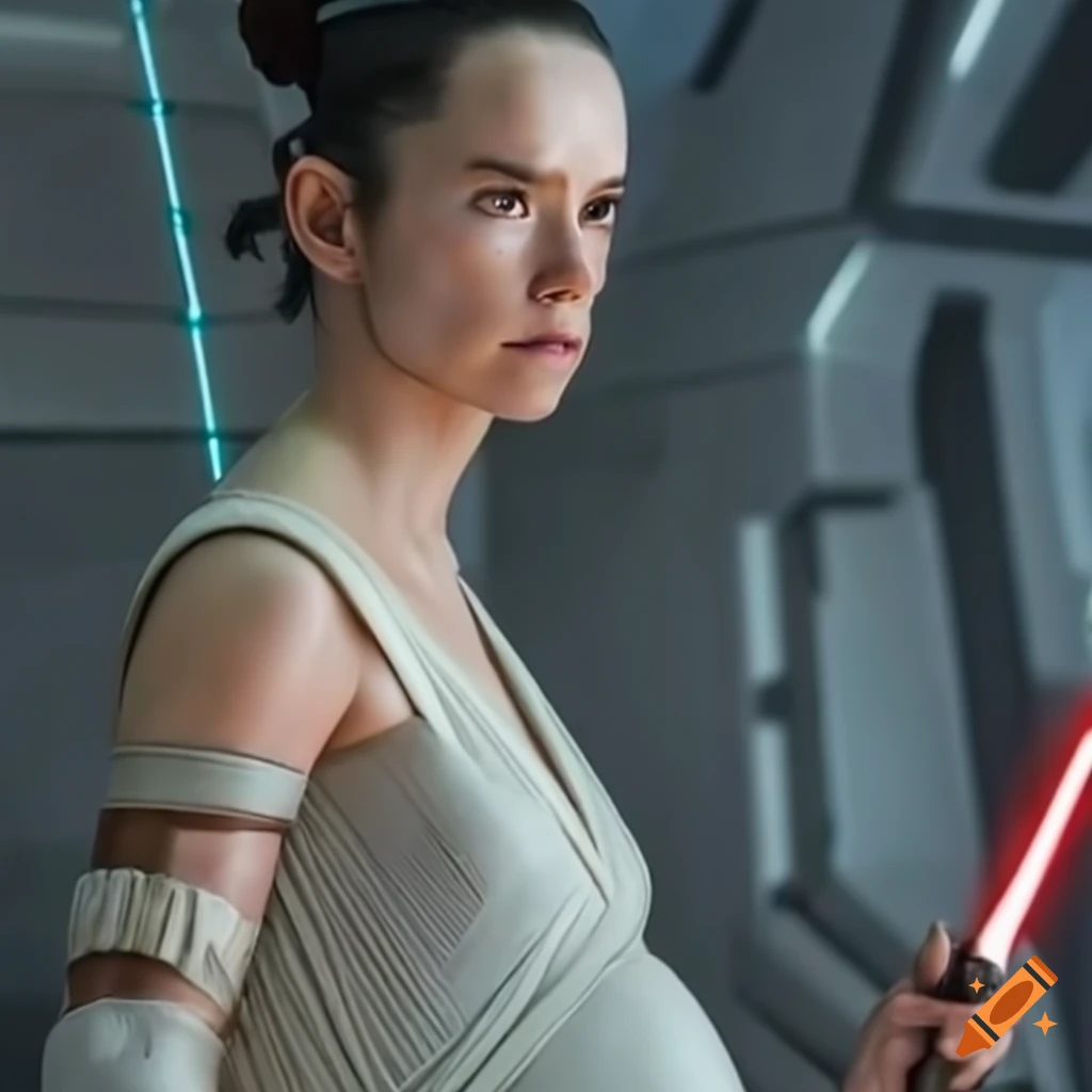 Rey from star wars in an advanced stage of pregnancy