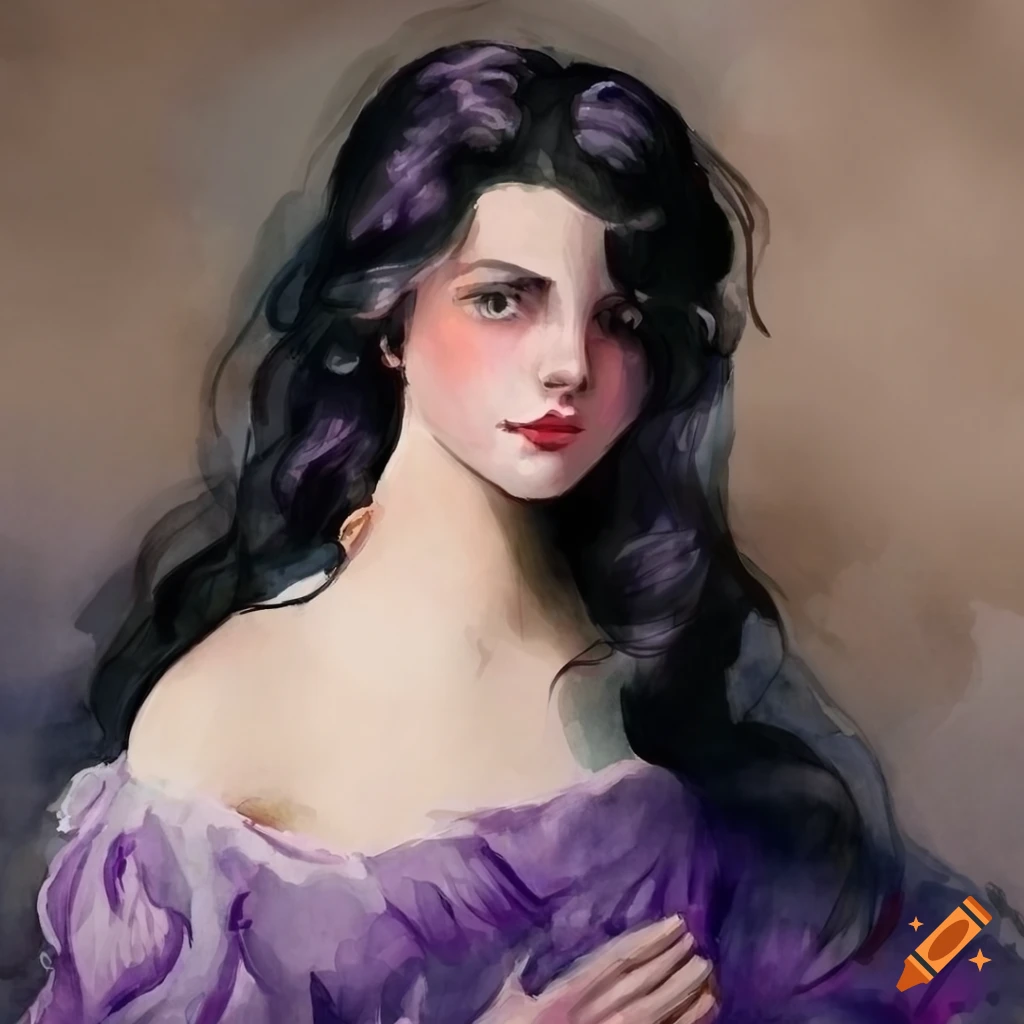 A watercolor painting of a girl with black wavy hair wearing her ...