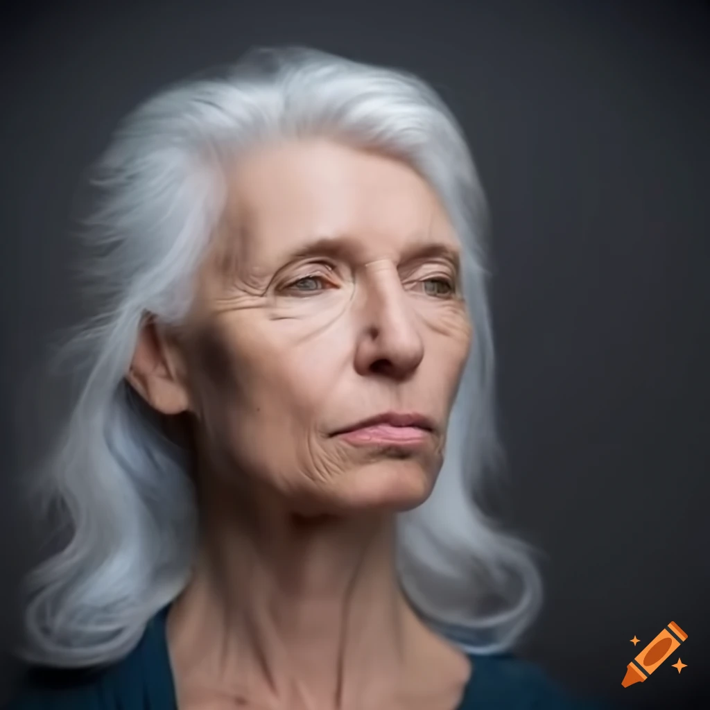 Middle-aged woman with white hair looking suspicious