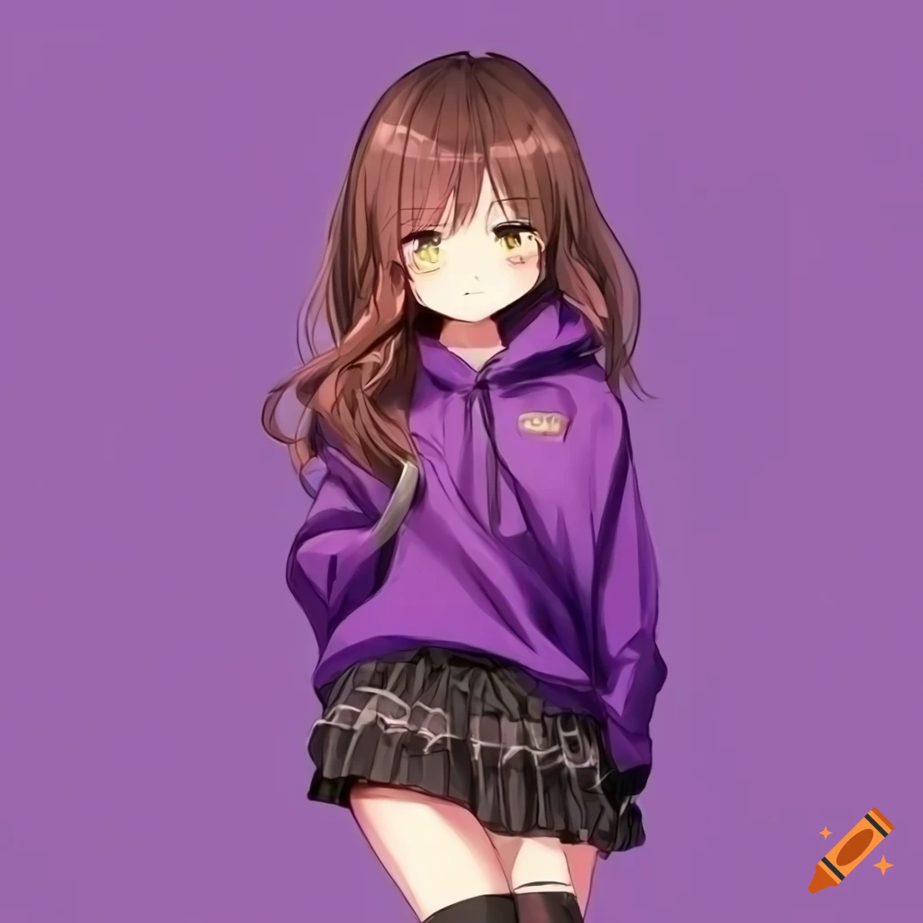Anime Girl With Long Brown Hair Brown Eyes Purple Hoodie And Short Black Skirt On Craiyon
