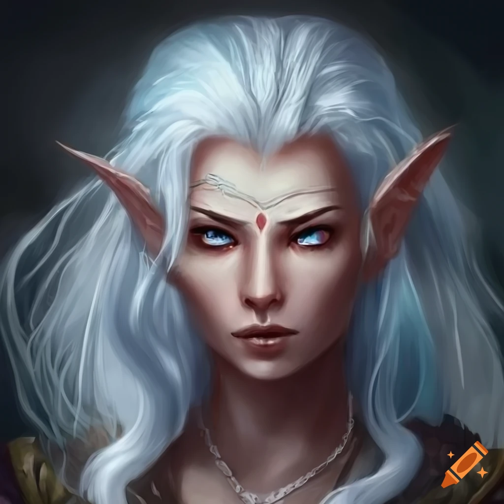 Fantasy artwork of a half-elf shaman beauty with bright striking white hair