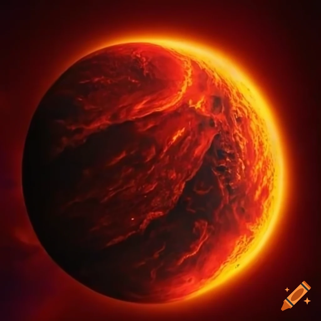 A fiery planet with glowing molten lava