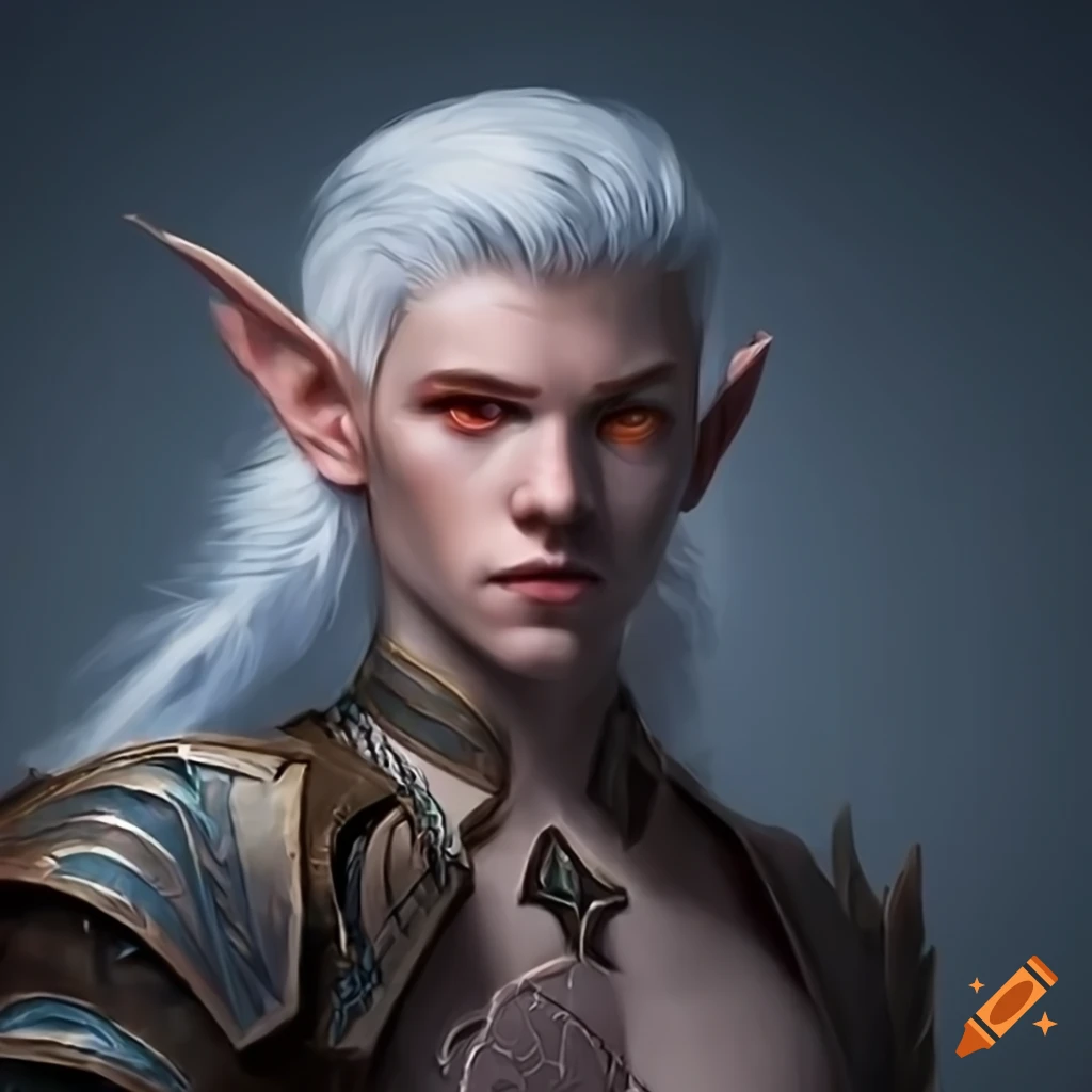 A skilled elf male archer with striking white hair and captivating ...
