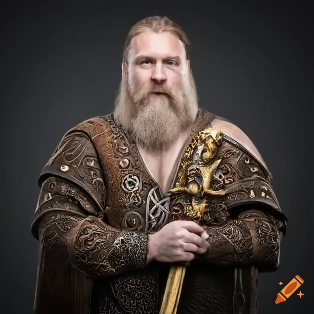 Tyr, the norse god, holding a golden viking sword with a determined