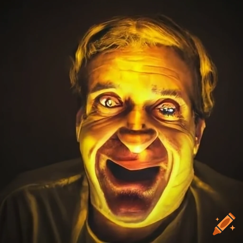 A crazy man with a yellow light shining on him