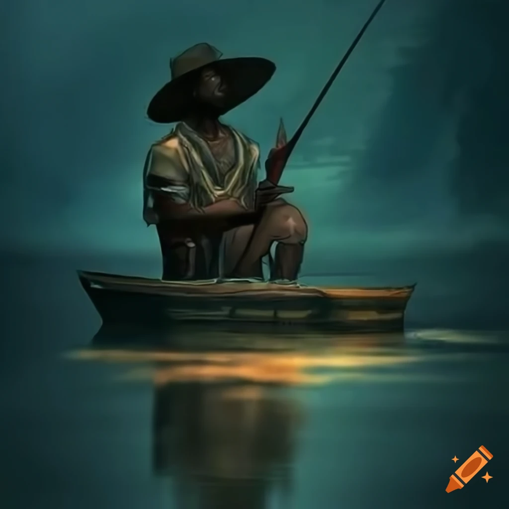 Black fisherman enjoying a beautiful day fishing, straw hat, pond