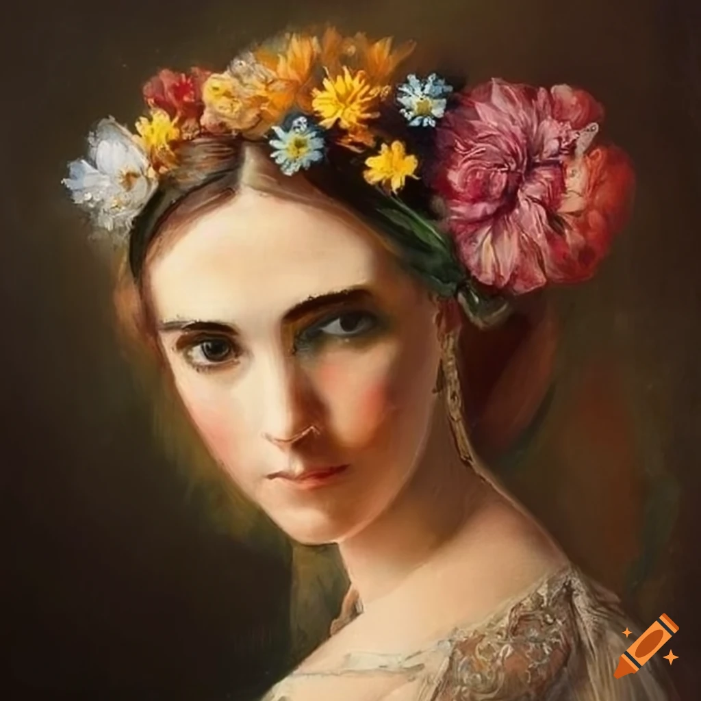 Portrait of Woman Wearing a Crown and Holding Bouquet of Flowers