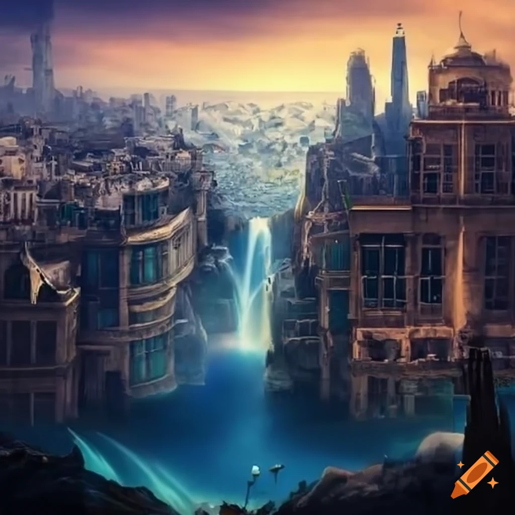 An enormous fantasy city with waterfall, elevated house and the view ...