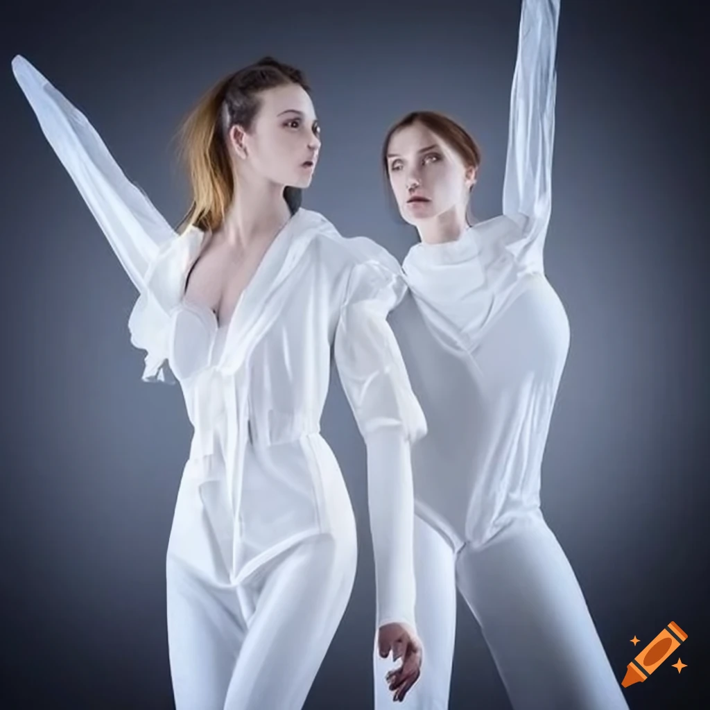 Highly detailed futuristic fashion for space travel, female, white, clean  garments