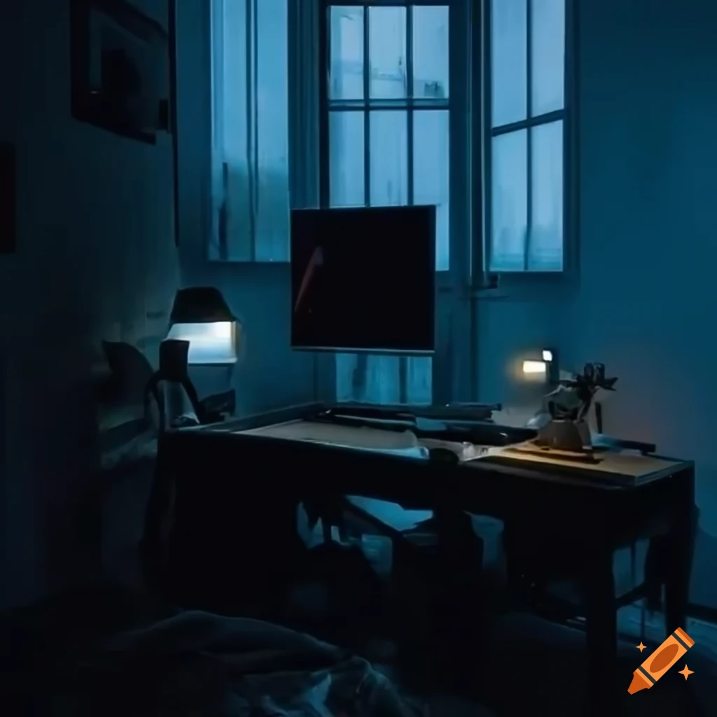 Minimalist developer setup in dimly lit room with city view