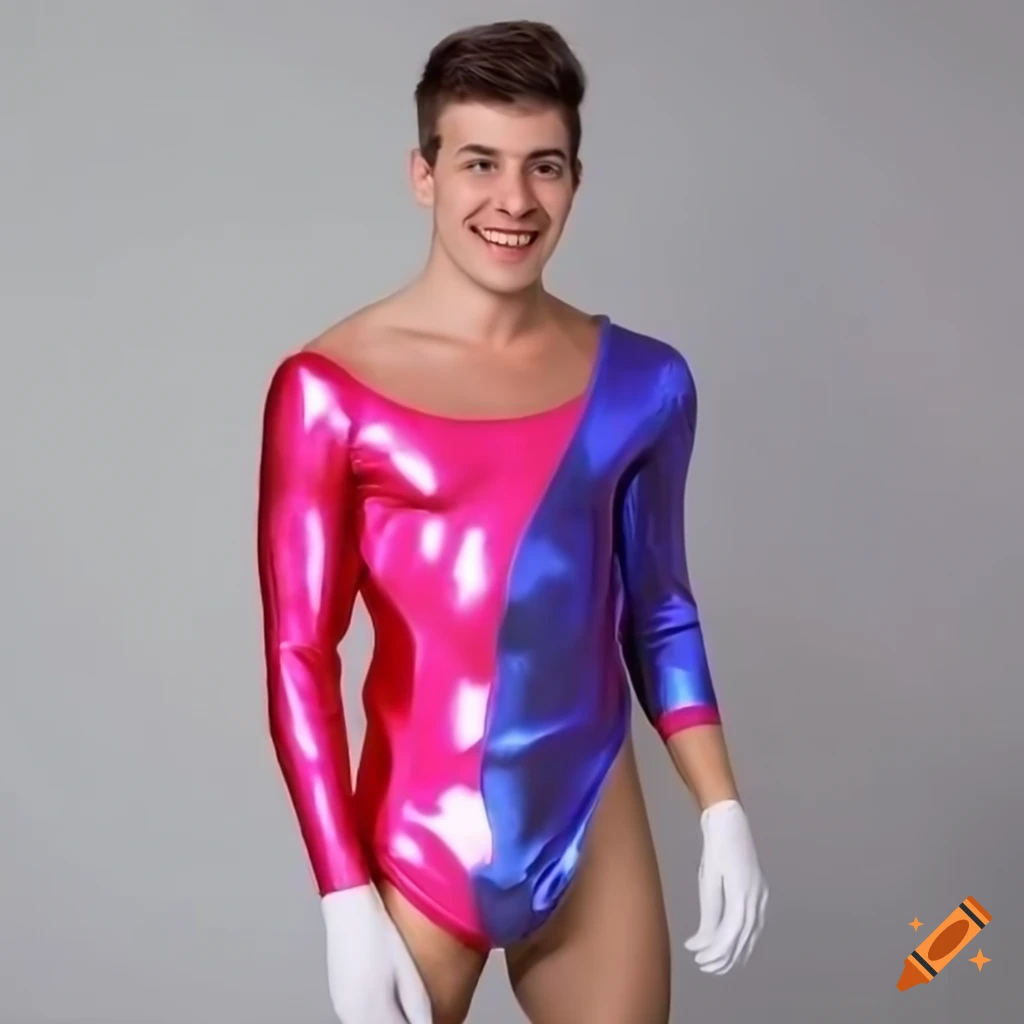 A smiling young man wearing a colorful shiny spandex leotard, white gloves,  and long white socks on Craiyon