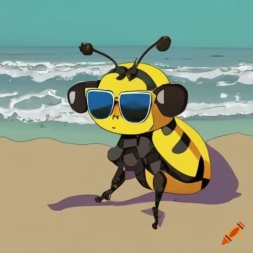 A bumblebee wearing sunglasses relaxing on the beach on Craiyon