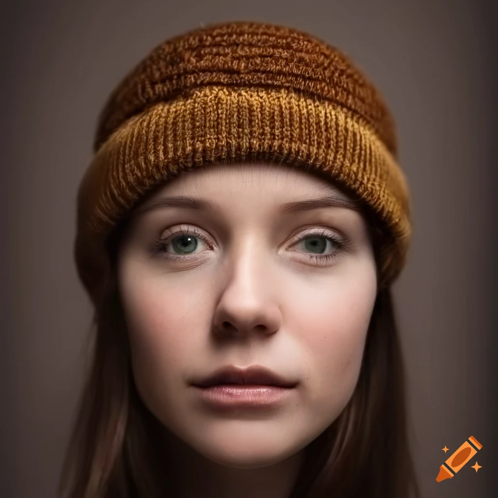 Frontfacing portrait of a youngwoman with brownishhair wearing a beaniemadeofdarkwood on