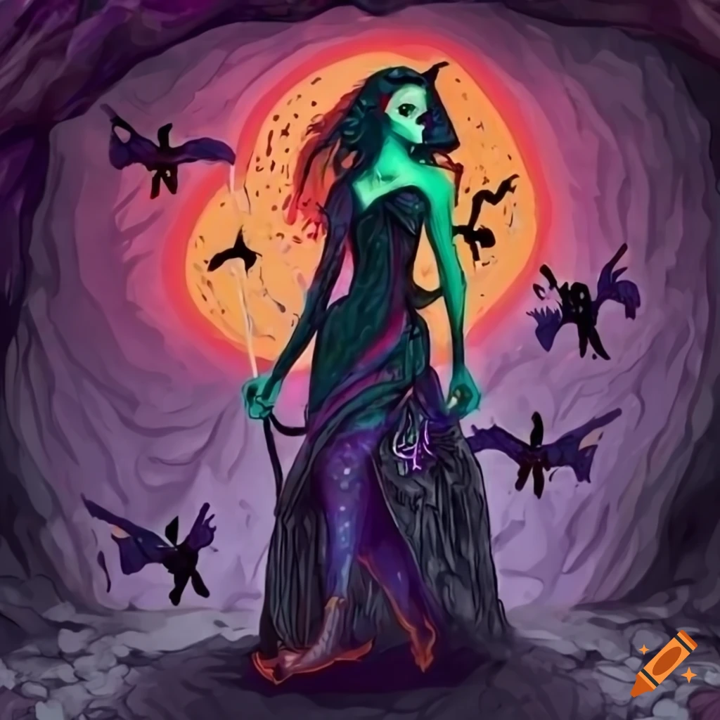Dark witch in a cave look like a bat