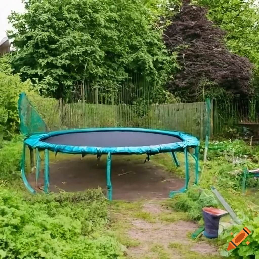 Trampoline in an overgrown allotment on Craiyon