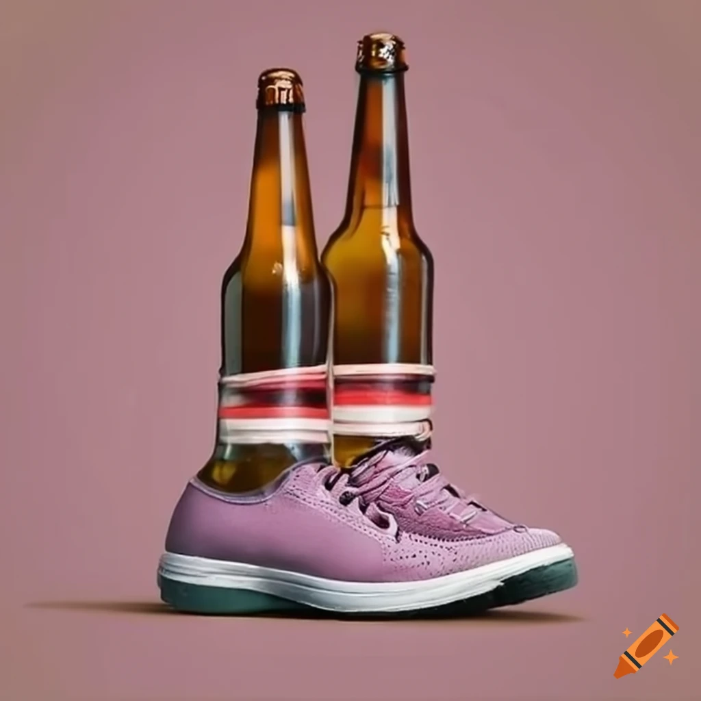 Two beer bottles sitting in two sneaker shoes on Craiyon