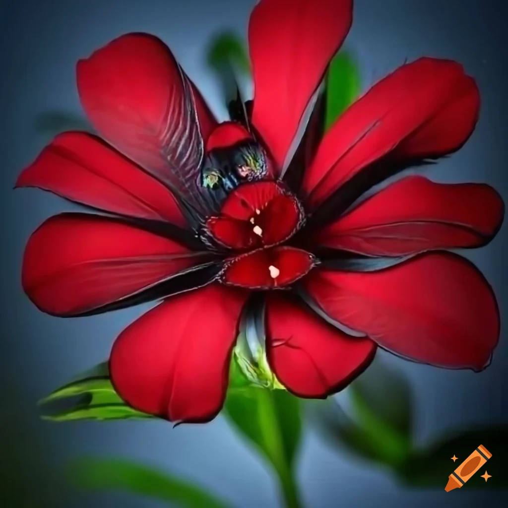 Flor realista vermelha no fundo azul com efeito motion com gato preto no  canto inferior direito on Craiyon, image size:1024x1024