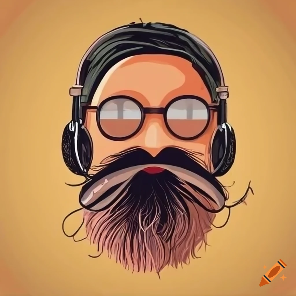 Melon with black hair, headphone, glasses, moustache and beard
