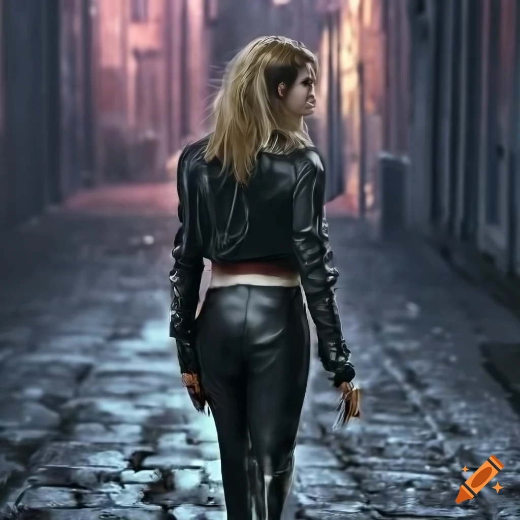 Photorealistic , emma watson, blonde hair, slim, punk style, sweatshirt,  black leather trousers, hands in pockets, full head and body view,  searching dark wet alley, rear view on Craiyon