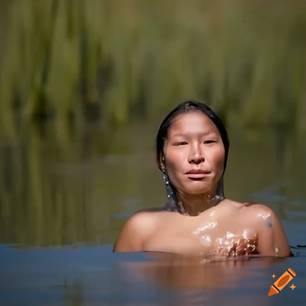 Young American Native Woman Bathing In A Prairie Pond 