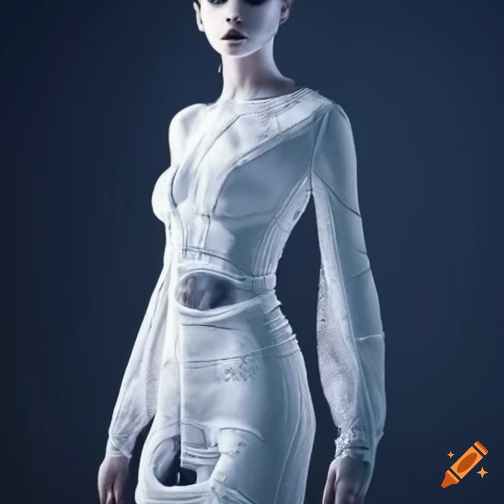 Highly detailed futuristic fashion for space travel, white, clean garments