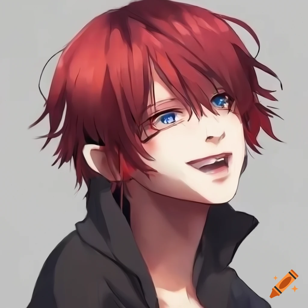 Anime boy with red skin, dark red hair, elf ears, blue eyes, a black t ...