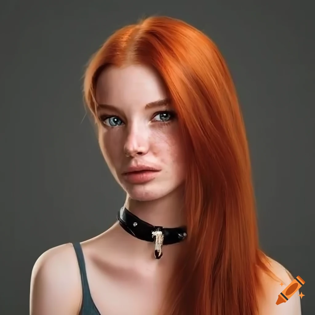 Beautiful young woman delicate freckles shy smile choker shoulder-length red  hair