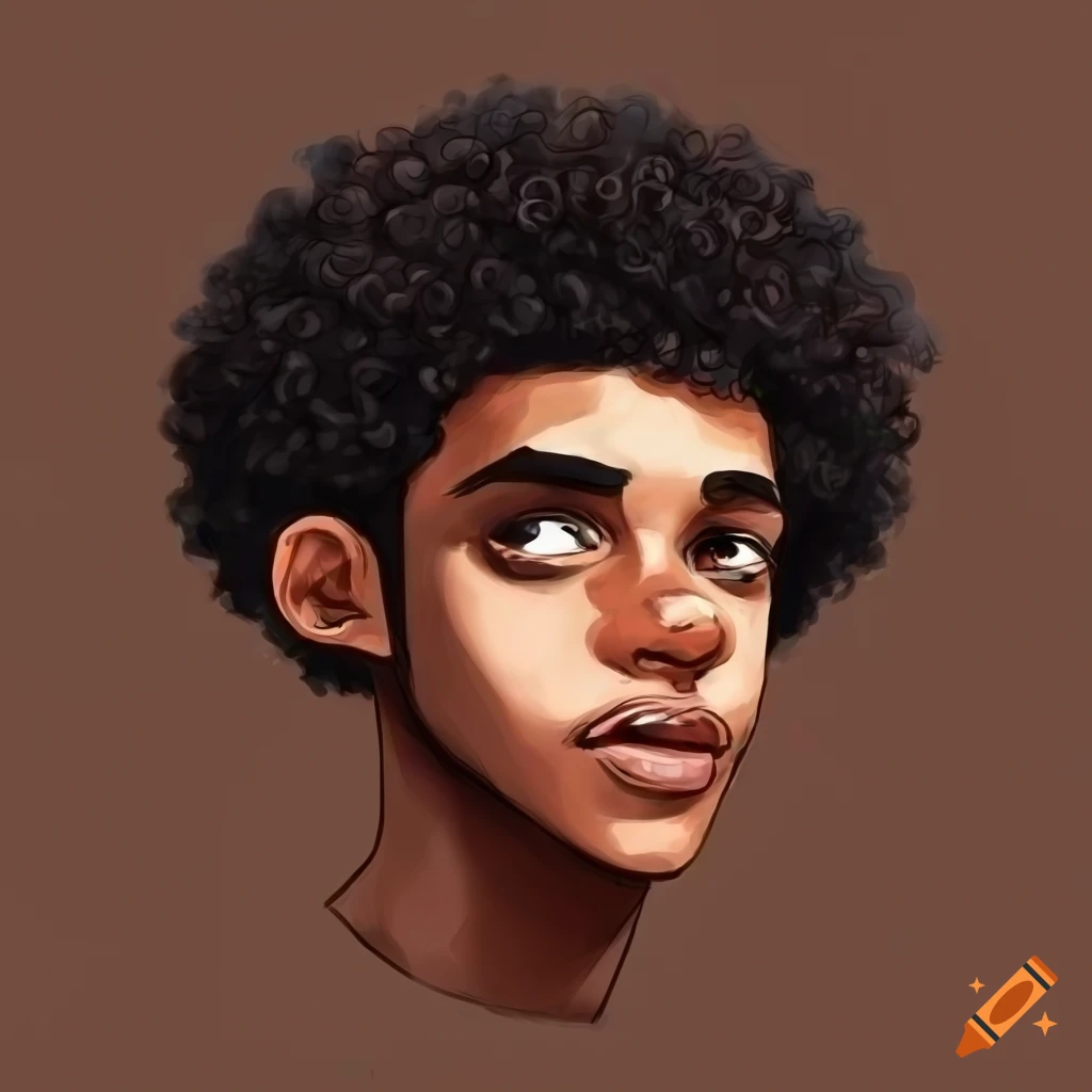 Draw a guy with a brown skin black curly hair with straight nose bold eye good looking guy like tedy afro smoking cigar