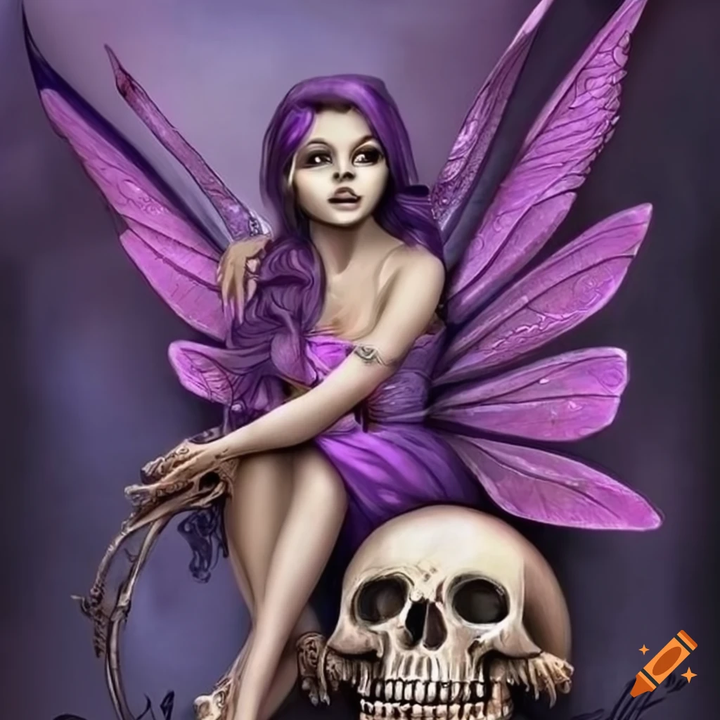 Chicano art, purple fairy sitting on a skull
