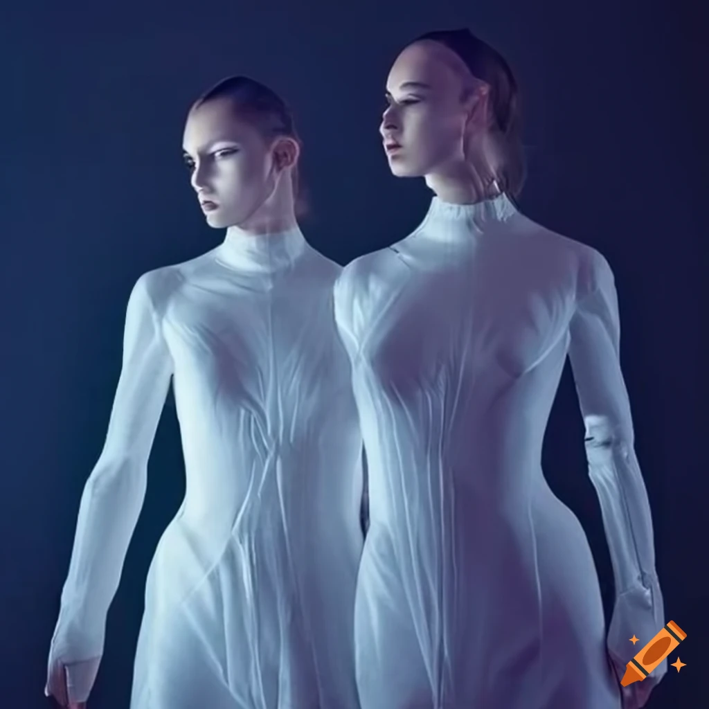 Highly detailed futuristic fashion for space travel, female, white, clean  garments