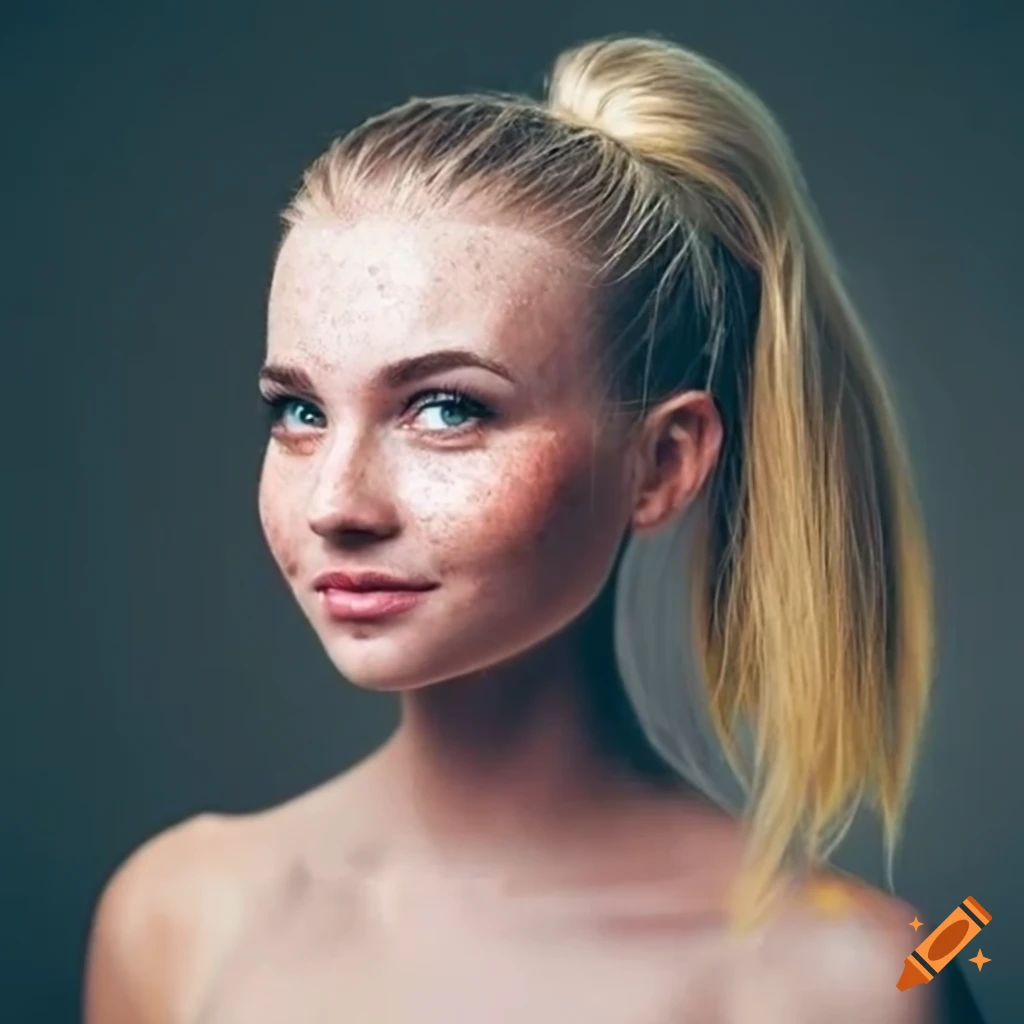 Beautiful young woman delicate freckles shy smile ponytail blonde hair choker