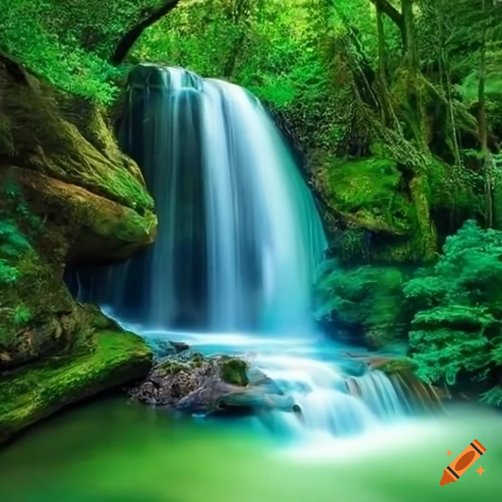Uma cascata com bastante e floresta