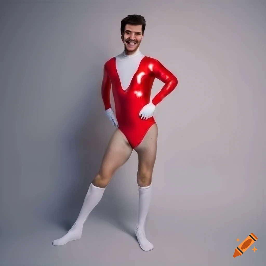 A smiling young man wearing a colorful shiny spandex leotard